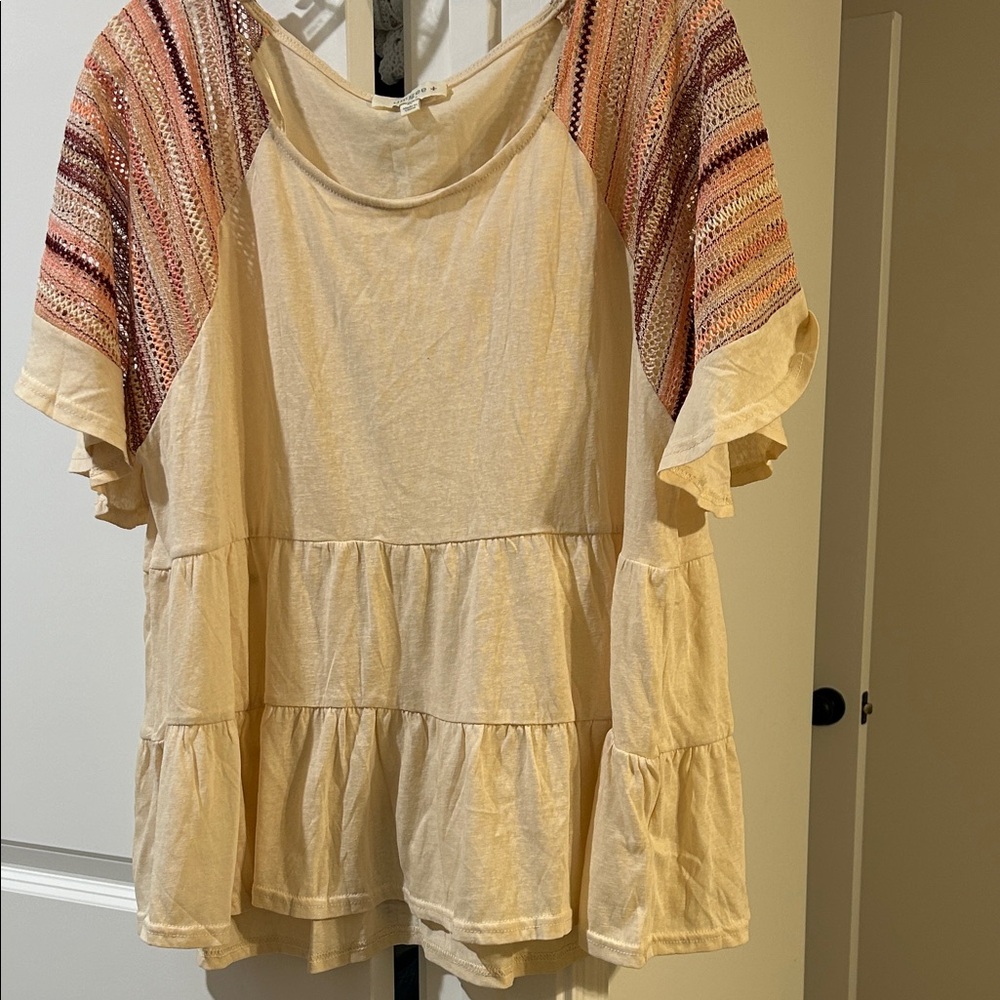 Umgee Cream Blouse with Multicolor Sleeves